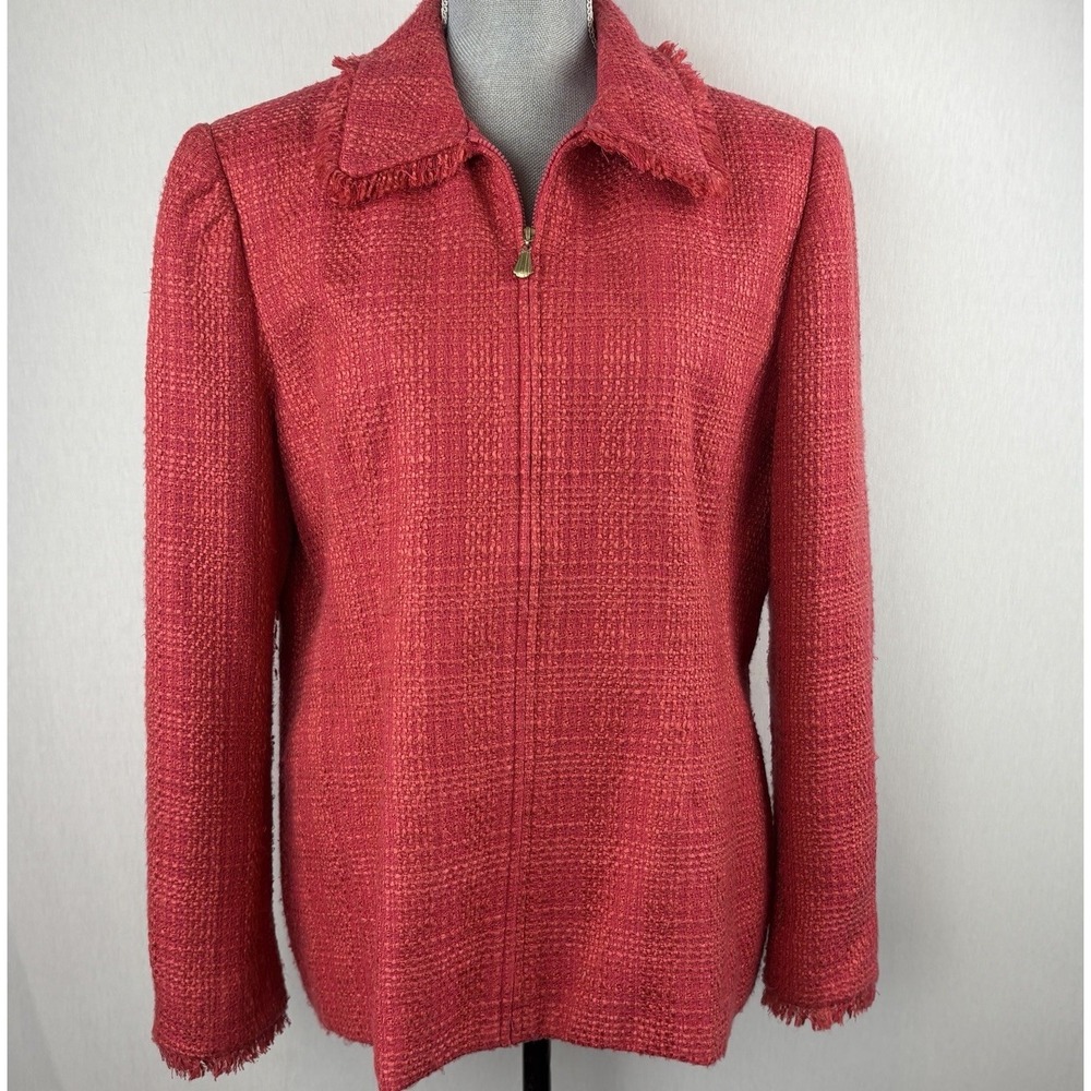 Alfred Dunner Womens Pink Tweed Blazer Jacket Size 14 Fringe Collar Full Zip‎